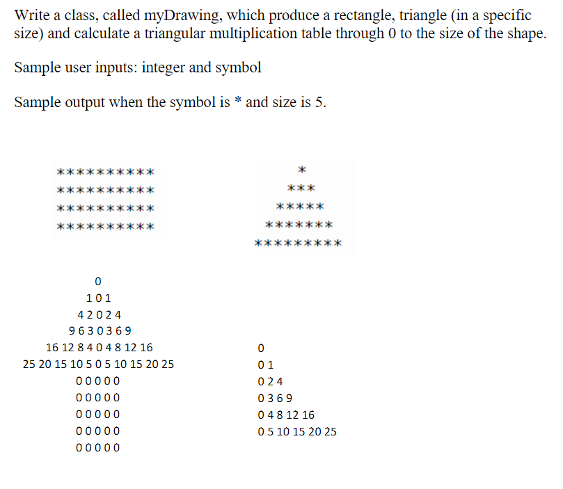 Write a class, called myDrawing, which produce a rectangle, triangle (in