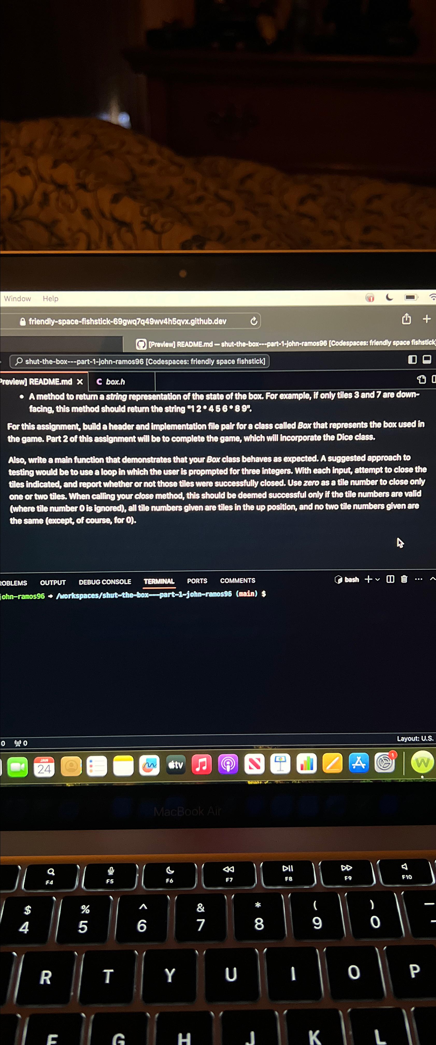  Window Help (v) C friendly-space-fishstick-69gwq7q49wv4h5qvx.github.dev (7)[Proviow] README.nd - shut-the-box--part-1-John-ramos96[Codespacess fritendly space