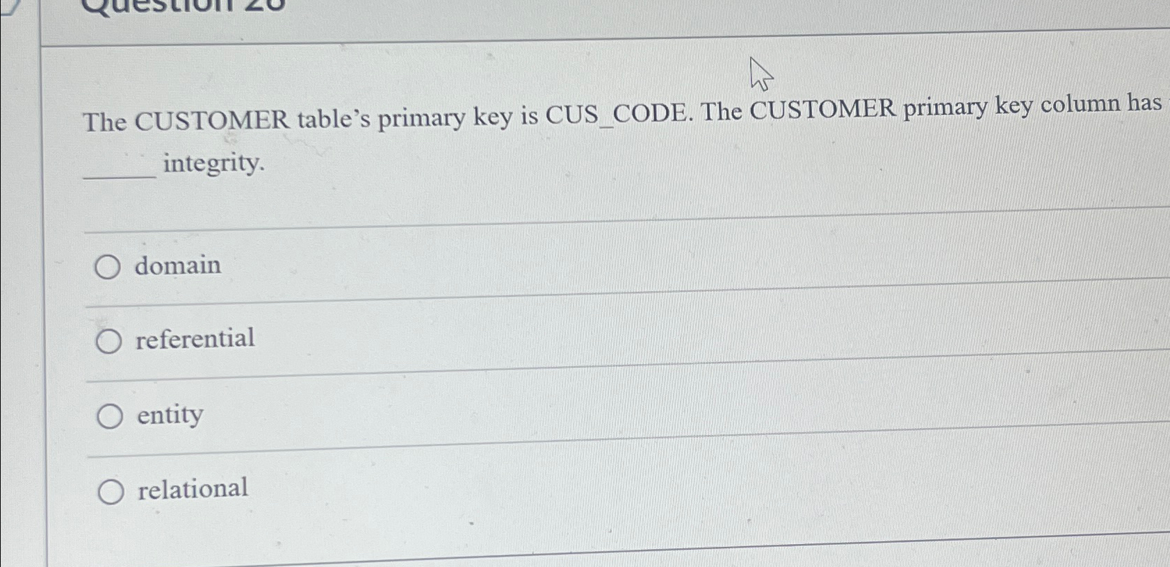  The CUSTOMER table's primary key is CUS_CODE. The CUSTOMER primary key