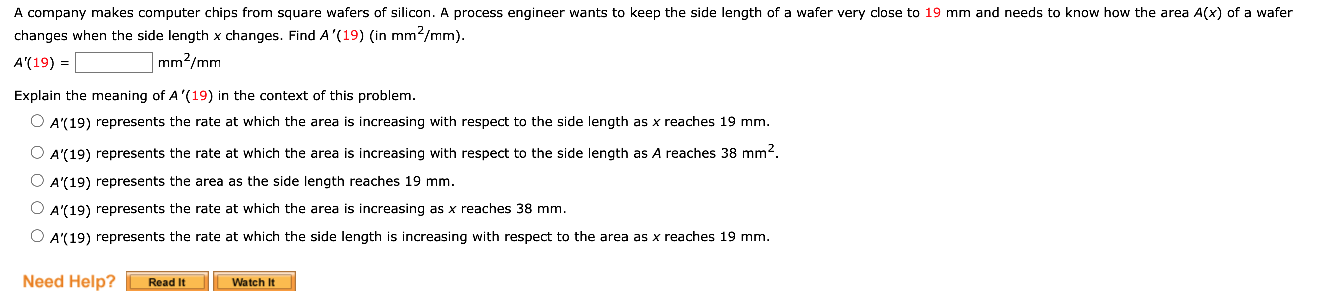  changes when the side length x changes. Find A^(')(19) (in m(m^(2))/(m)m