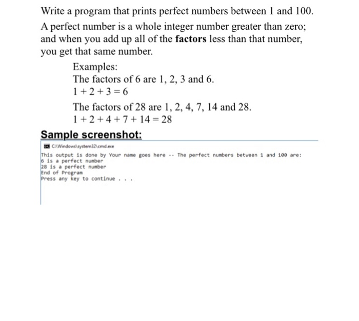  Write a program that prints perfect numbers between 1 and 100.