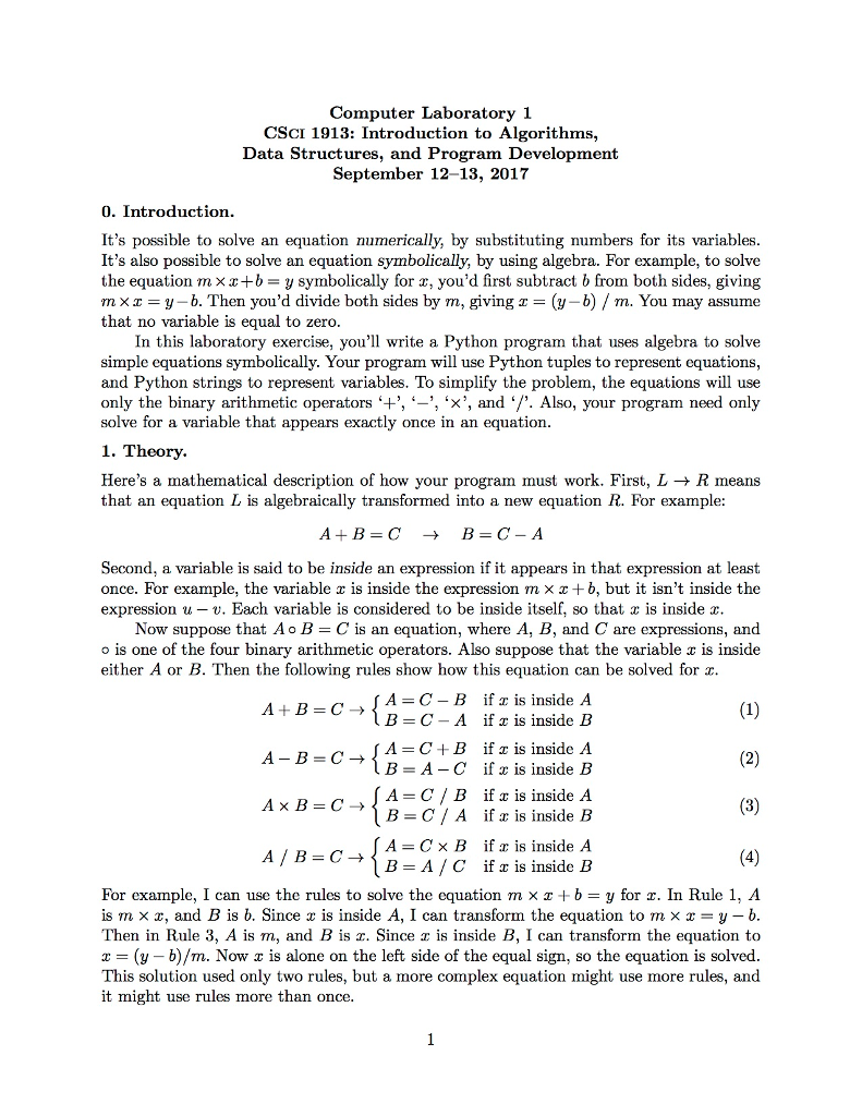  Computer Laboratory 1 CSCI 1913: Introduction to Algorithms, Data Structures, and