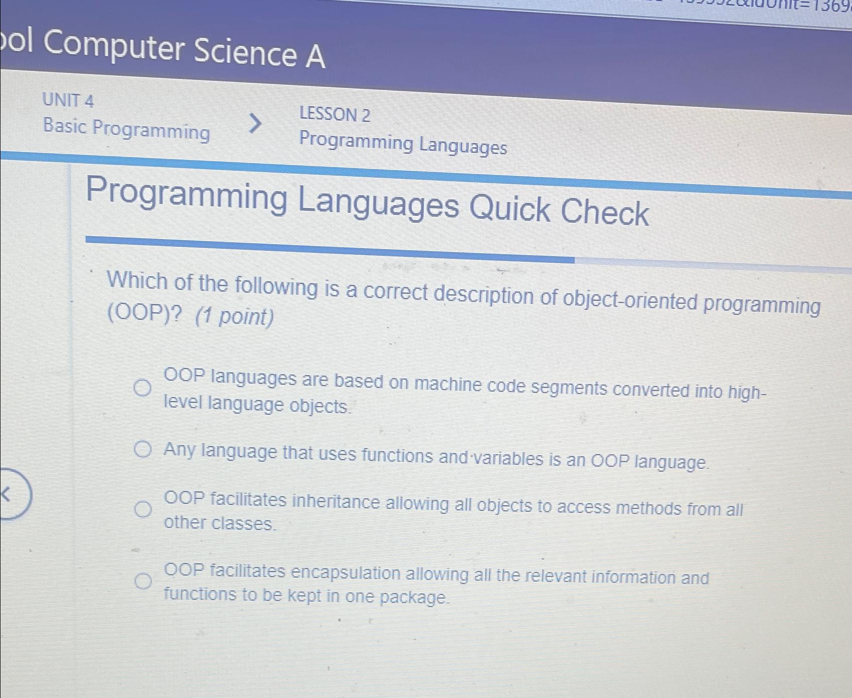  ol Computer Science A UNIT 4 Basic Programming LESSON 2 Programming