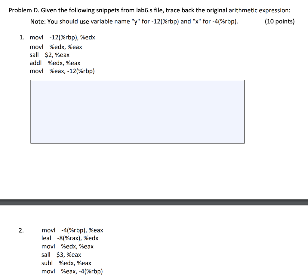 Problem D. Given the following snippets from lab6.s file, trace back