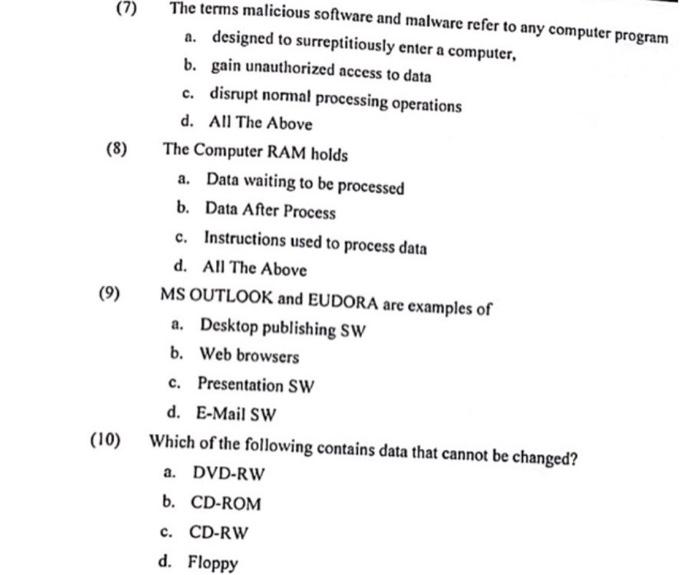 introduction to computers, please help! (7) (8) 8 (9) The terms malicious