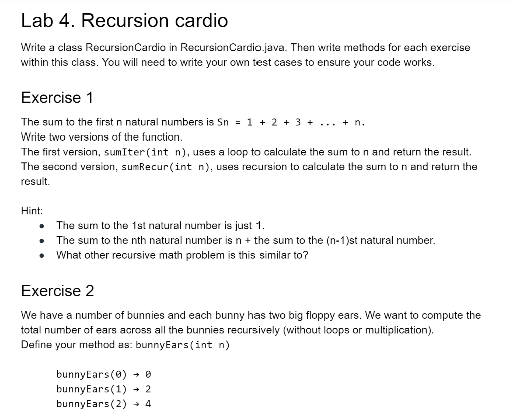 How can I complete these tasks through Java? Lab 4. Recursion cardio
