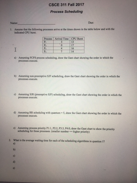  CSCE 311 Fall 2017 Process Scheduling Name: Due: 1. Assume that