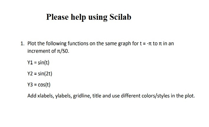 Please help using Scilab 1. Plot the following functions on the