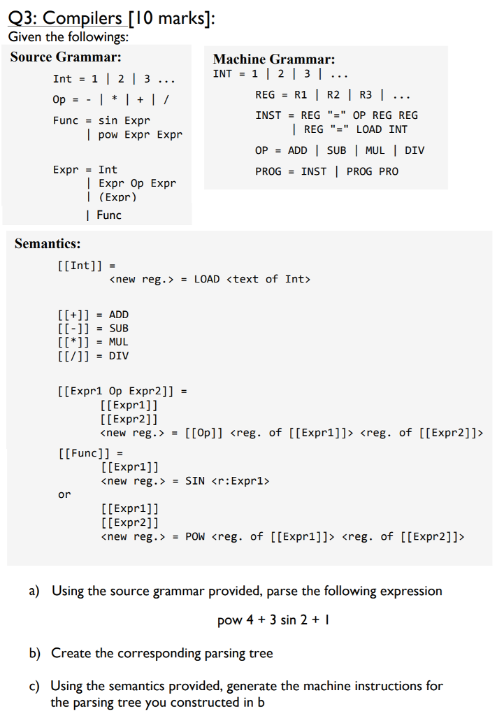  Please show all work involved Q3: Compilers [10 marks]: Given the