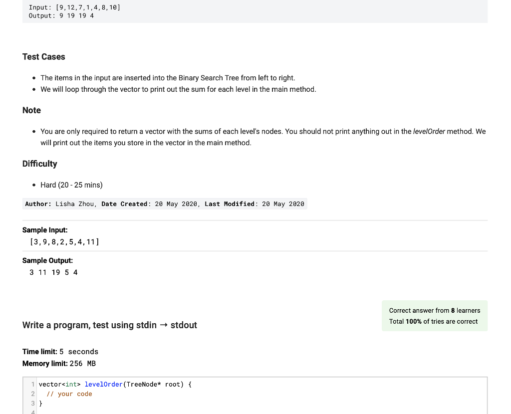Binary Search Tree, write a function that returns a vector whose values