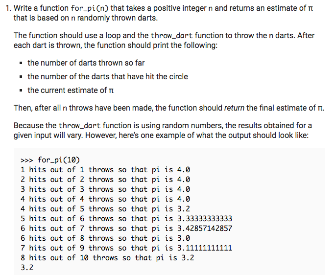 Question About Python Loop 1. Write a function for_pi(n) that takes a