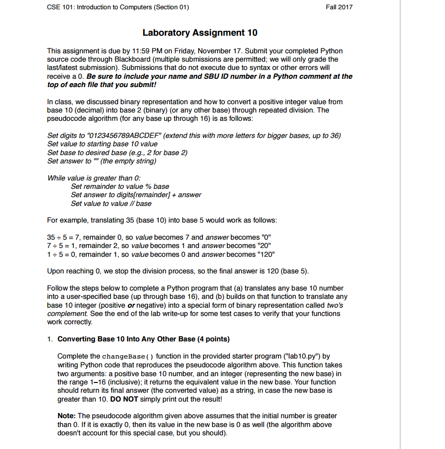  CSE 101: Introduction to Computers (Section 01) Fall 2017 Laboratory Assignment