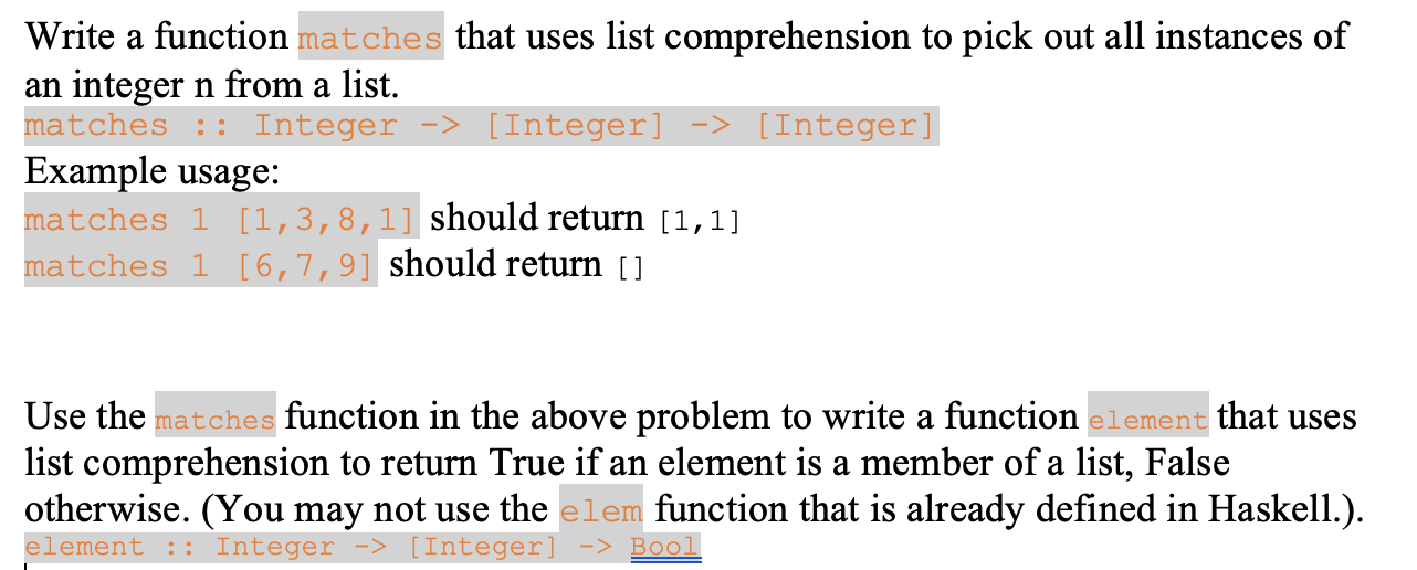 Code in Haskell Please Write a function matches that uses list comprehension