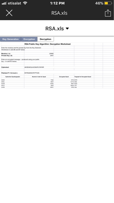 of assignment The questions to solve: l etisalat 1:11 PM 46% RSA.xls