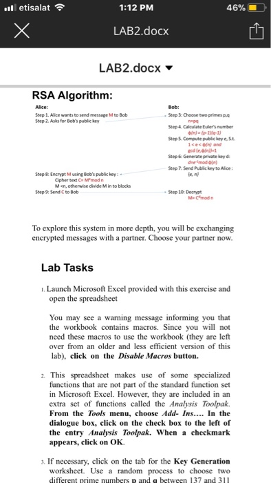 etisalat 1:12 PM 46% LAB2.docx LAB2.docx RSA Algorithm Step 1. Alice wants