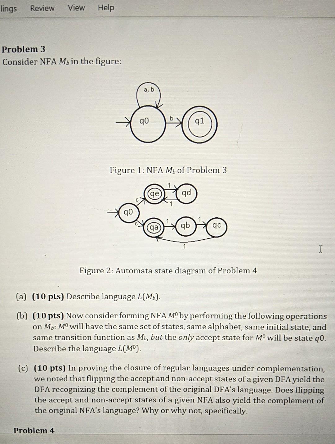 llings Review View Help Problem 3 Consider NFA M in the