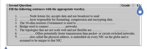 computer network Second Question: Grade Fill the following sentences with the appropriate