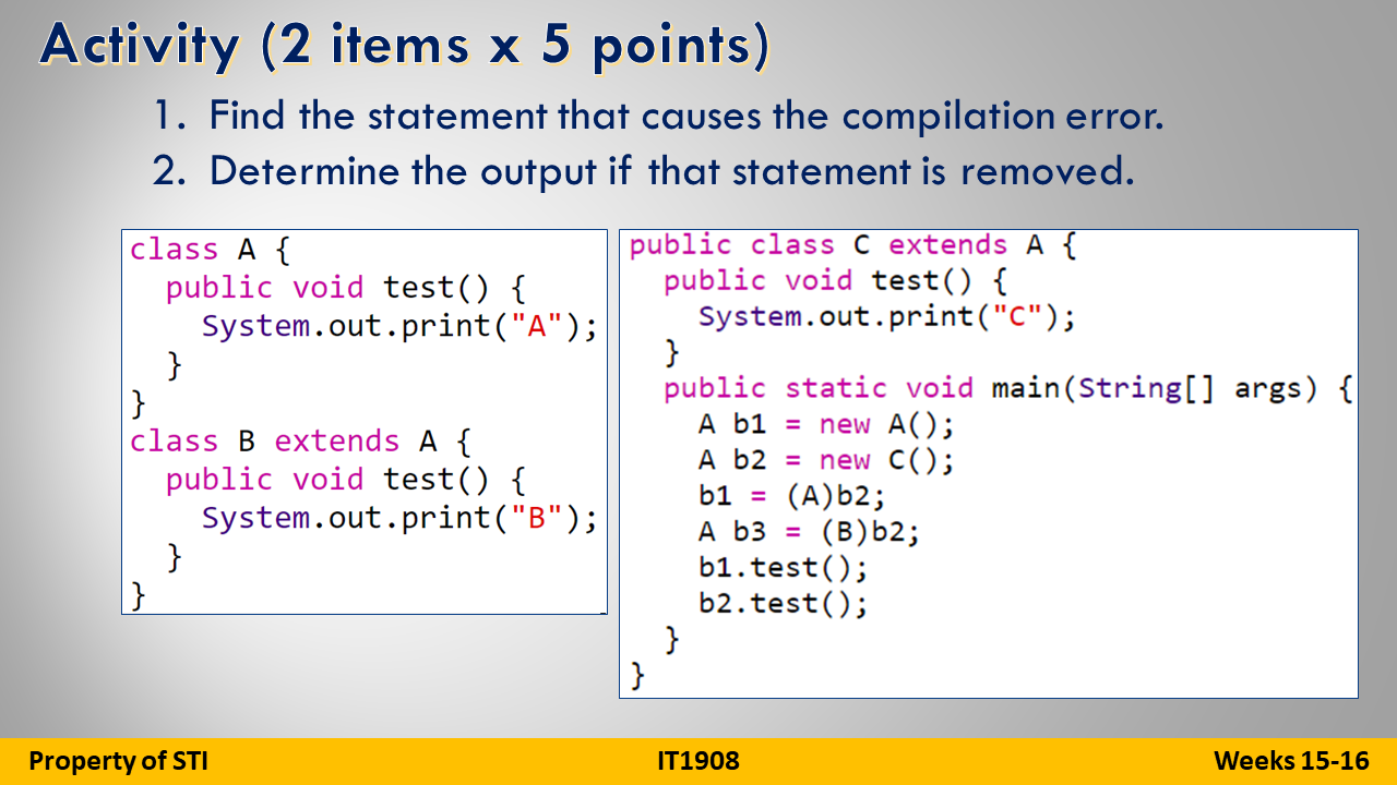  Activity (2 items x 5 points) 1. Find the statement that
