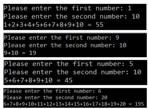 user for two digits values (int). The program calculates the sum of