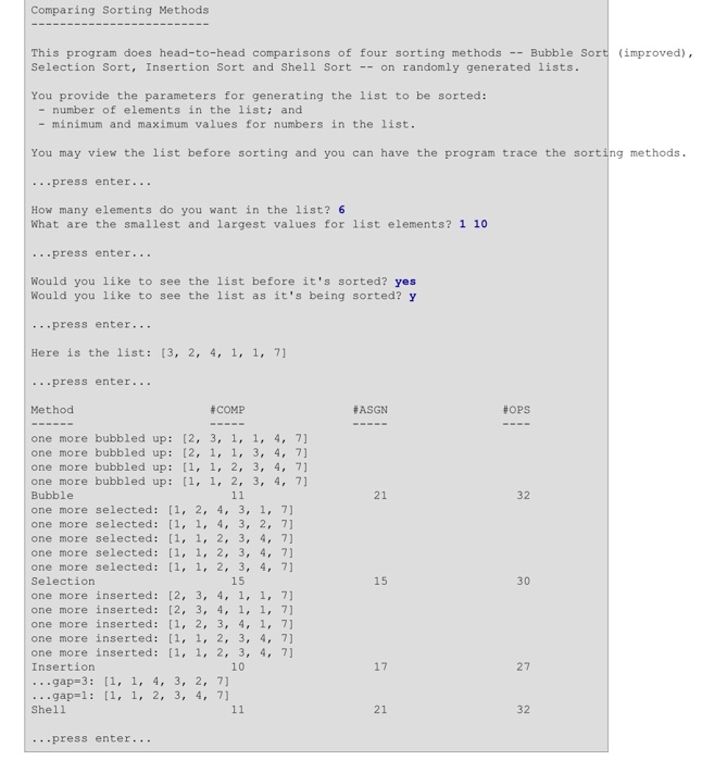 head-to-head comparisons between four sorting methods: improved bubble sort; . selection sort;