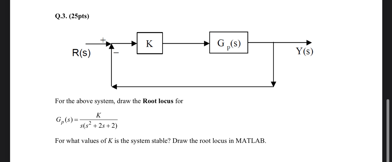  Q.3.(25pts) ror the above system, araw the t iocus tor Gp(s)=Ks(s2+2s+2)