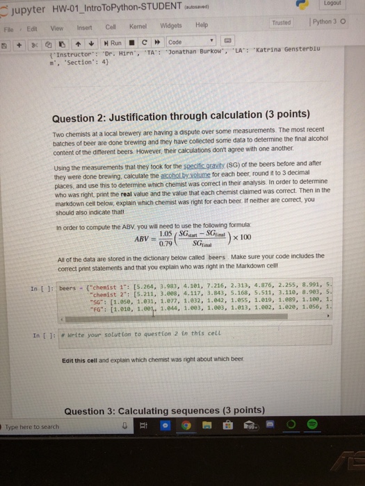  C jupyter HW-01 IntroToPython-STUDENT ( File Edt View Insert Cell Kernel