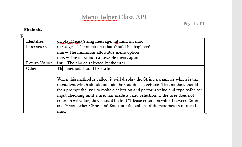  MenuHelper Class API Page 1 of 1 Methods Identifier: display Menu
