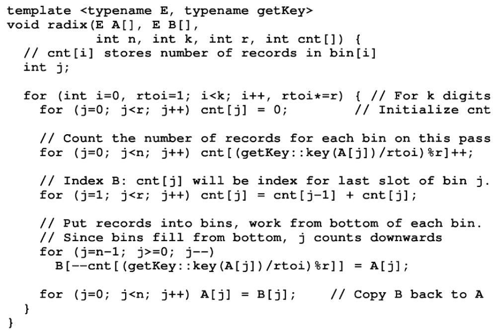  Section 7.7 Code template void radix (E Arl, E B[ int