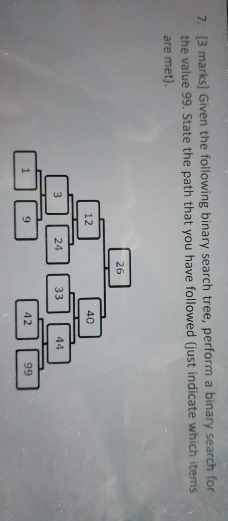  need help 7. [3 marks] Given the following binary search tree,
