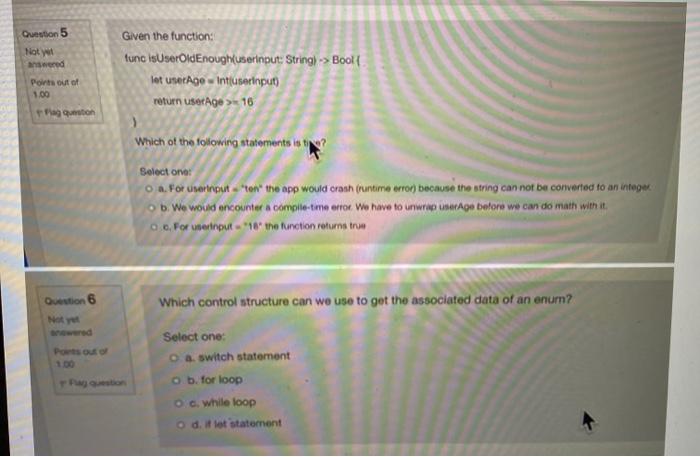  Question 5 Not yet answered Given the function: tunc is UserOld