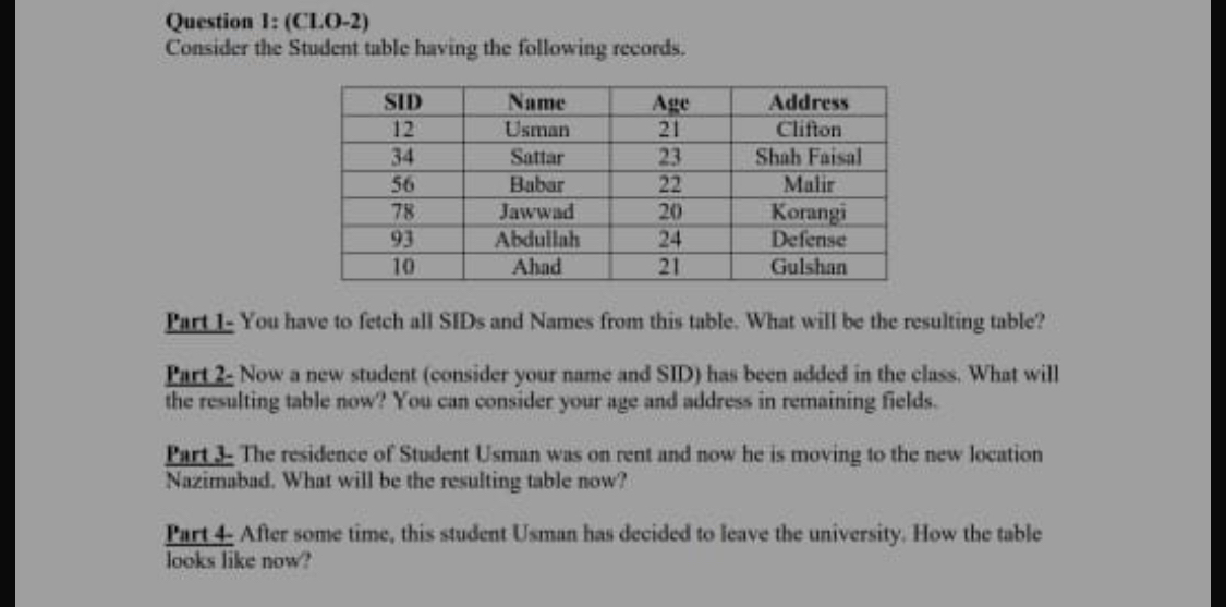  Question I: (CLO-2) Consider the Student tubic having the following records.