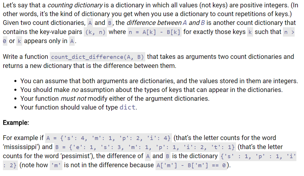 Python Problem Write comments for understanding Let's say that a counting dictionary