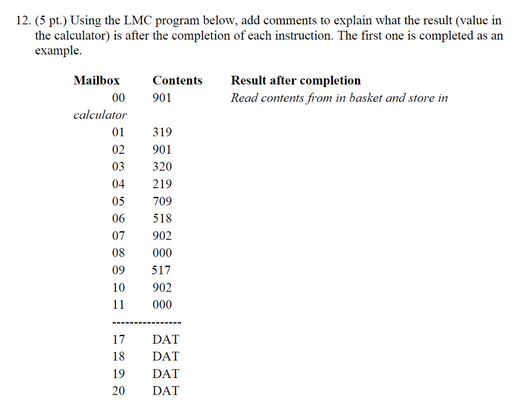 12. (5 pt.) Using the LMC program below, add comments to