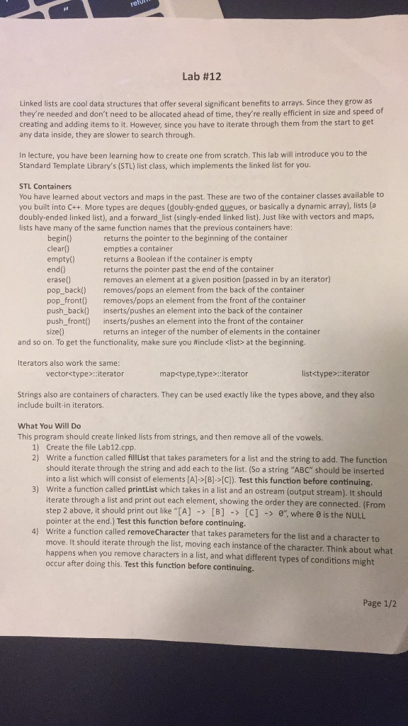  Lab #12 Linked lists are cool data structures that offer several