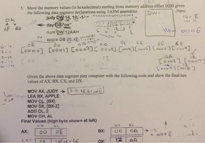  Show the memory values (in hexadecimal) starting from memory address offset