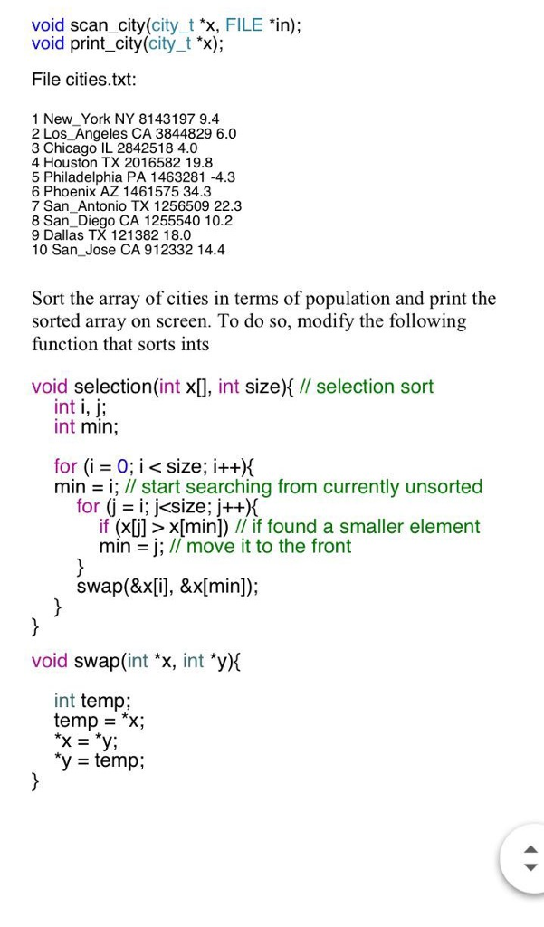 following data type that describes a city typedef struct char name[20]; char