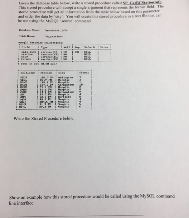  Database stored procedure question Given the database table below, write a