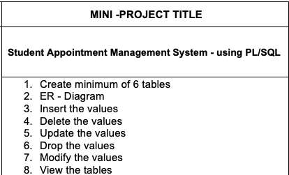  MINI -PROJECT TITLE Student Appointment Management System - using PL/SQL Create