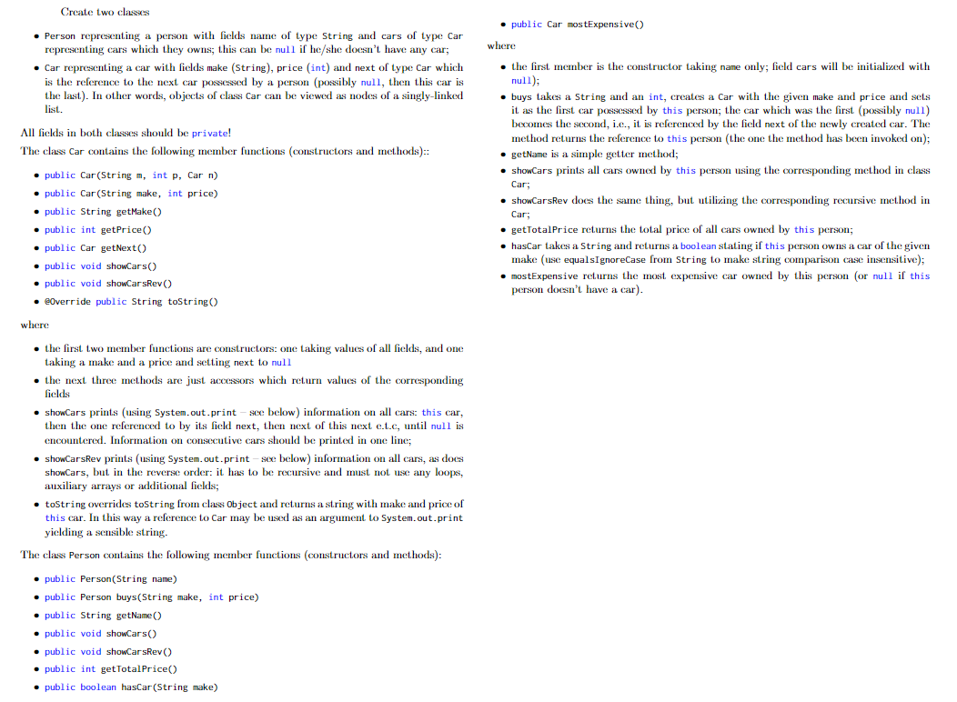 JAVA Create two classes public Car mostExpensive where Person representing a person
