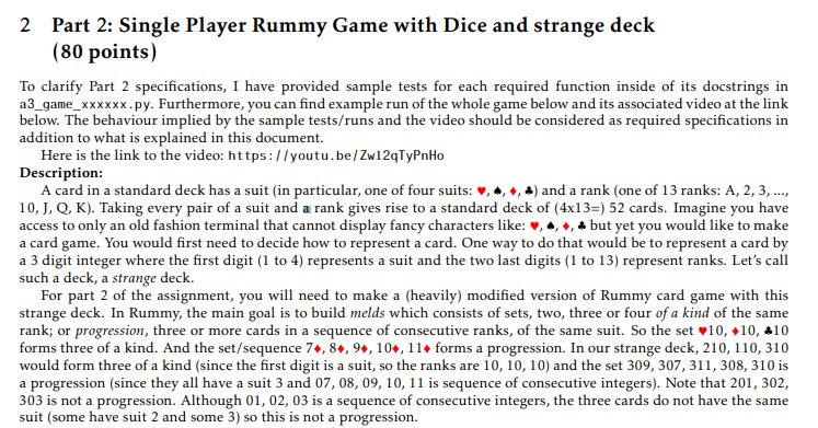 use python 3.7.0 2 Part 2: Single Player Rummy Game with Dice