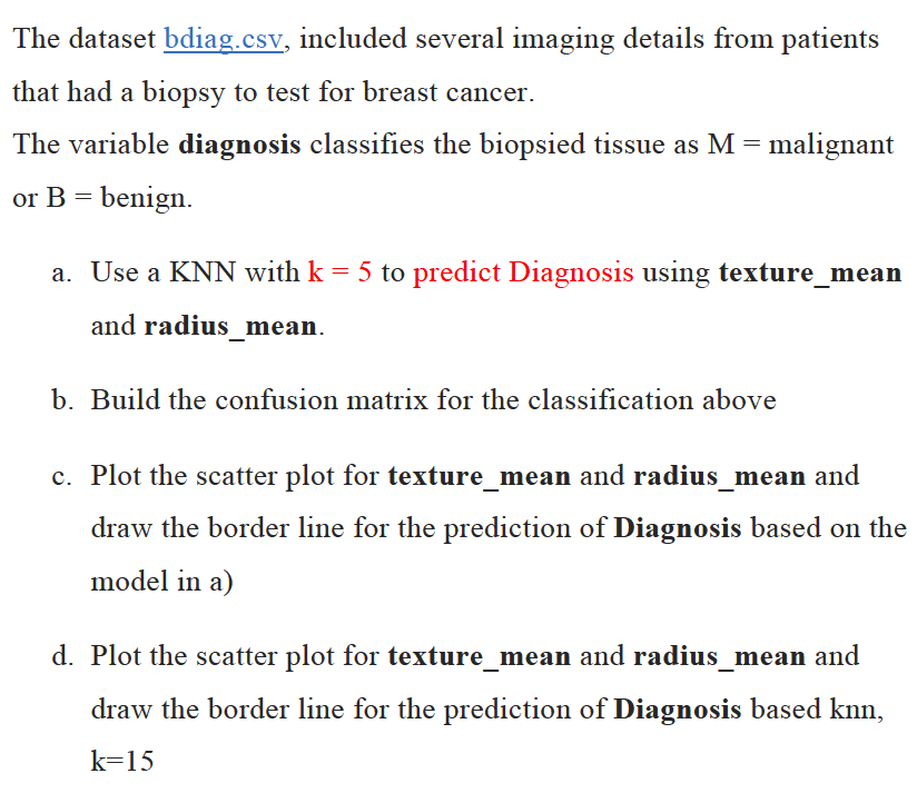 write in python The dataset bdiag.csv, included several imaging details from patients
