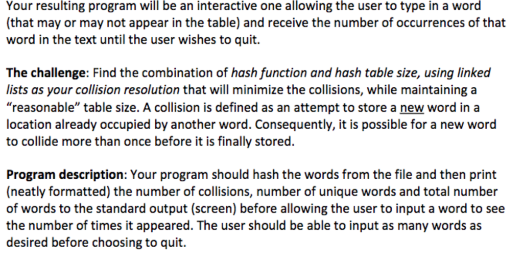 the word to hash table Write a program that uses hashing for