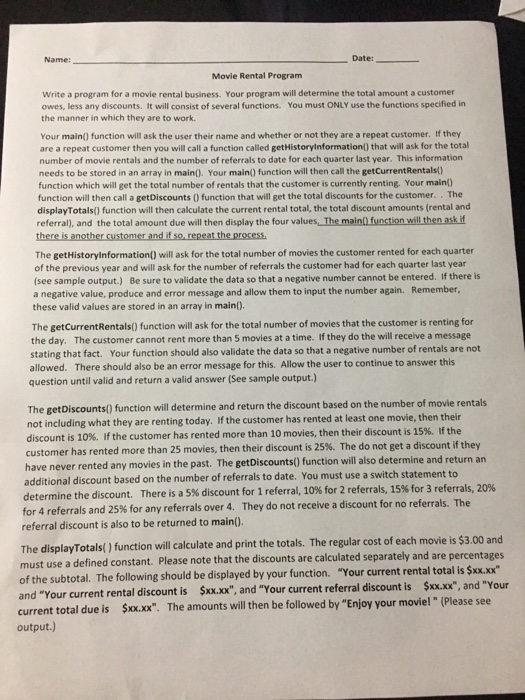  C programming Name: Date: Movie Rental Progranm Write a program for