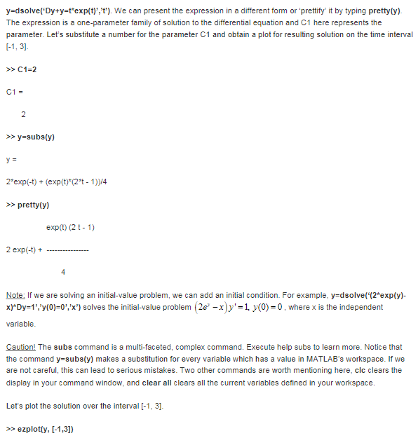 with C1-2. Use ezplot to plot the resulting solution over an appropriate