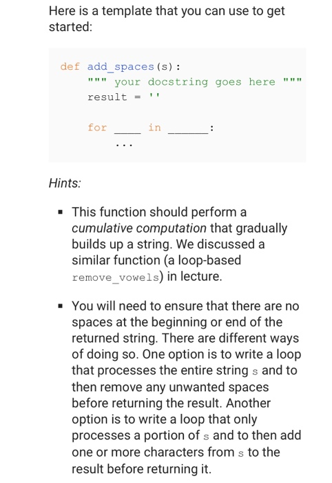 s as input and uses a loop to form and return the