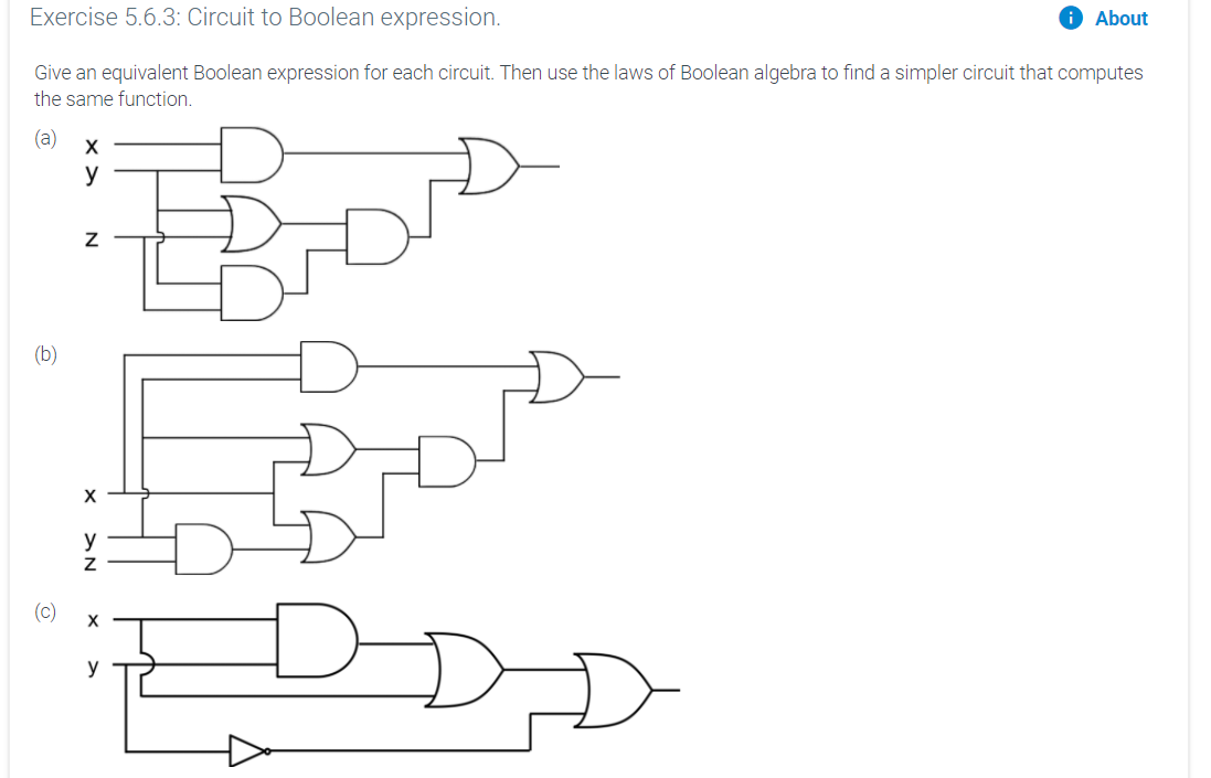  Exercise 5.6.3: Circuit to Boolean expression. 0 About Give an equivalent