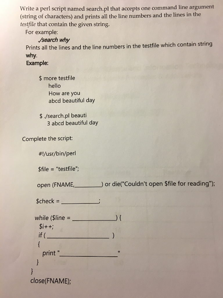 complete the script(unix perl Write a perl script named search.pl that accepts