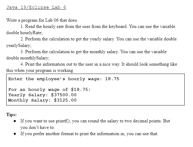  Java 19/ Eclipse Lab 6 Write a program for Lab 06
