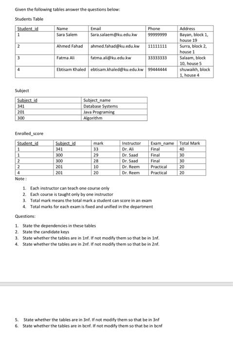 database Given the following tables answer the questions below: Students Table Student
