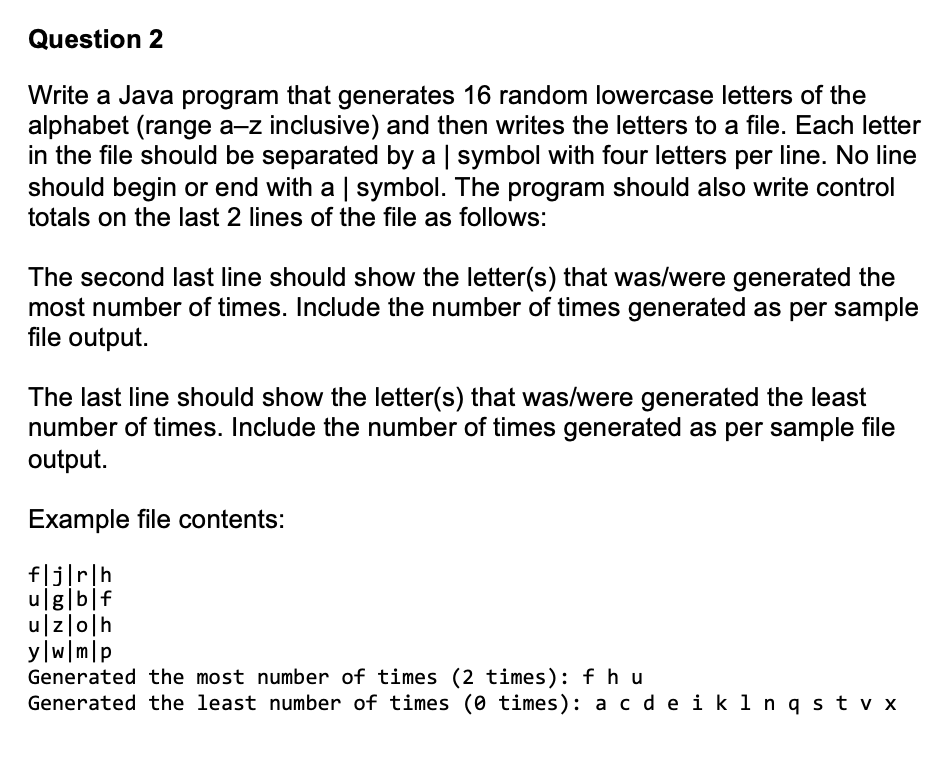 letters of the alphabet (range a-z inclusive) and then writes the letters